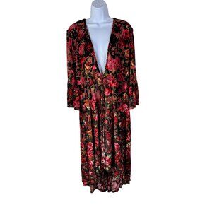 The Pyramid Collection Floral Maxi Duster Cardigan sz Large Velvet Flare sleeve